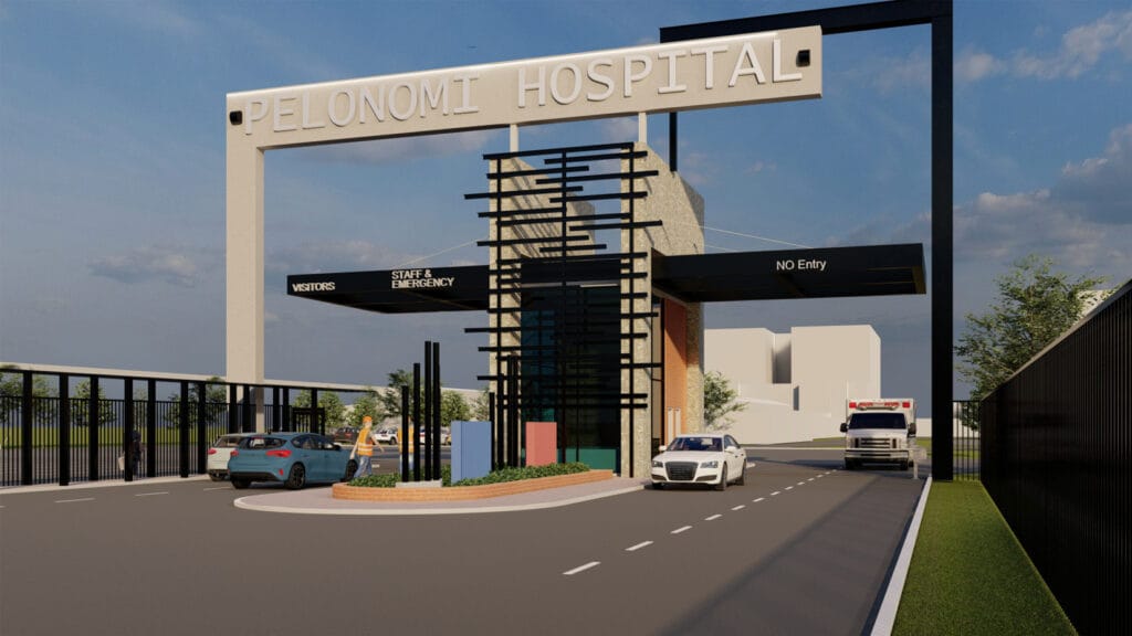 Pelonomi Hospital Render 03 - Main Entrance and Guard House
